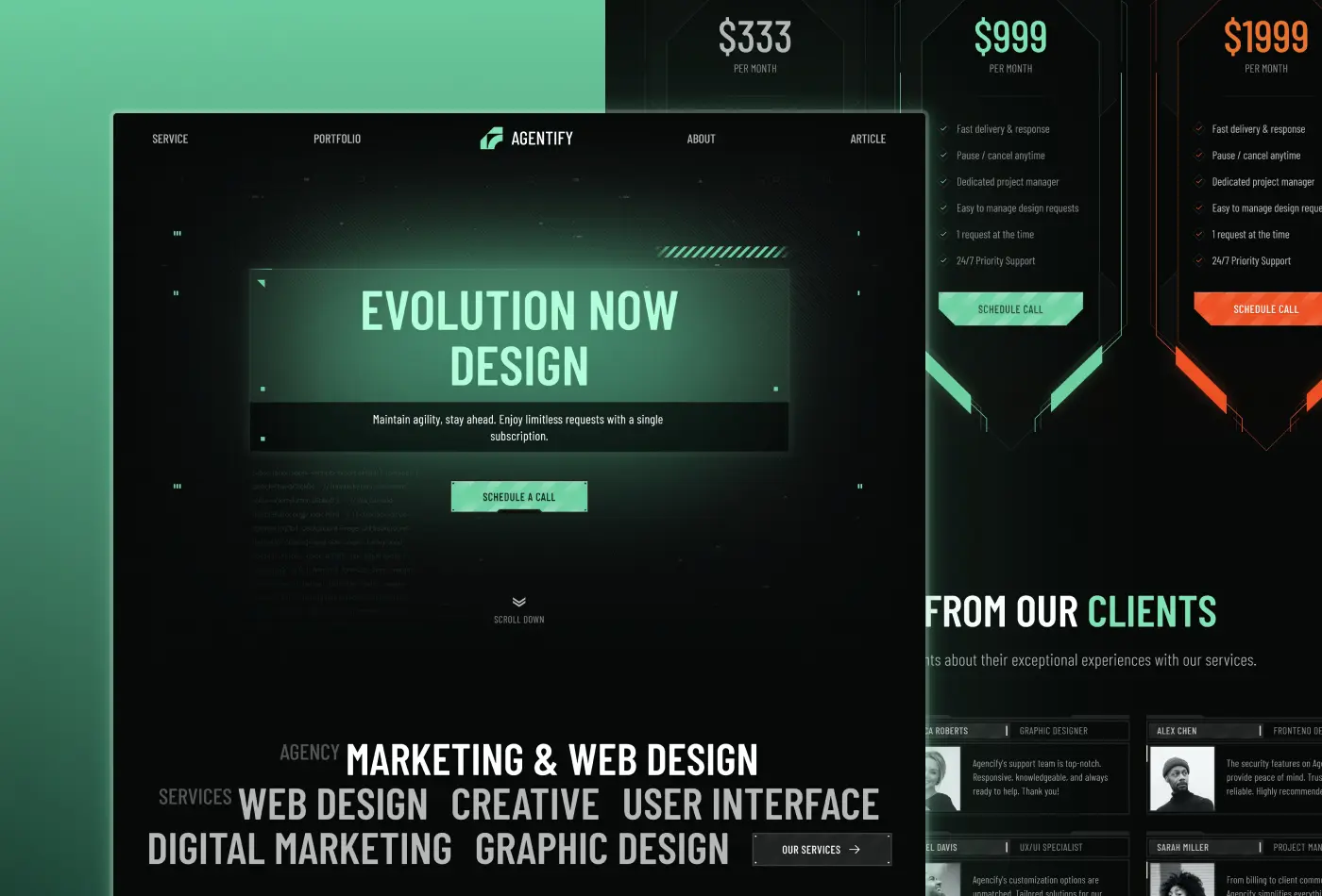 Agentify Framer template with futuristic UI, pricing tables, and agency service highlights in dark theme