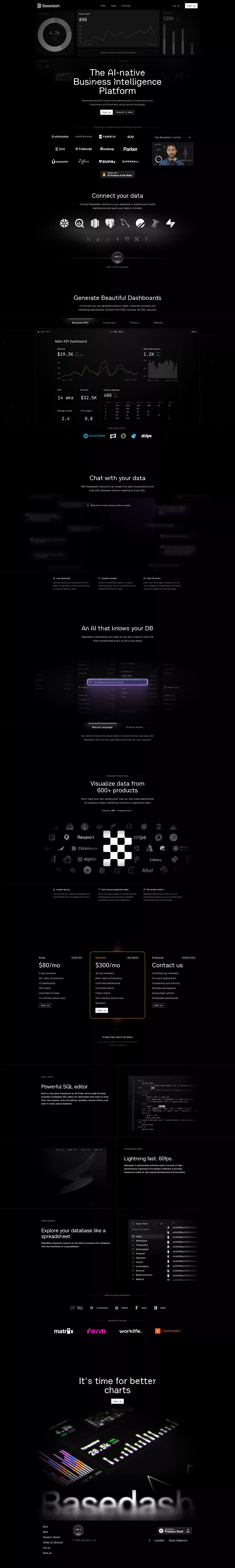 Basedash landing page screenshot showcasing AI and Marketing design