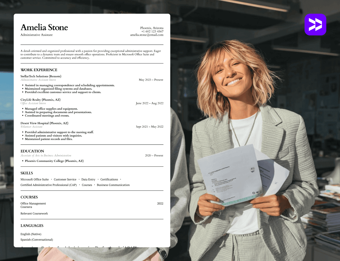 Administrative assistant CV example with a girl in an office holding a CV in her hands