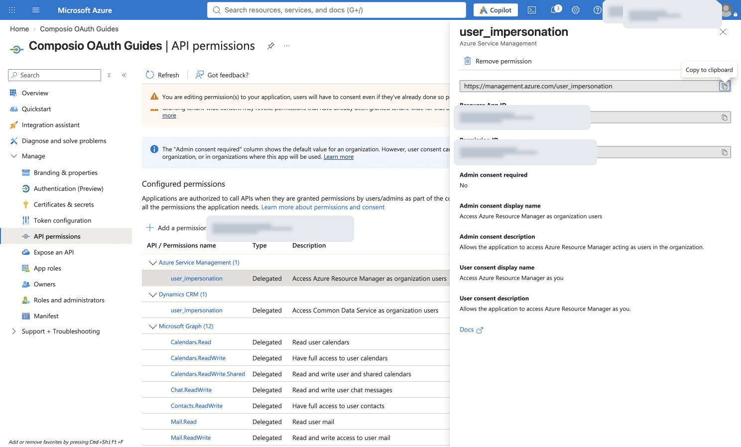 Configured Azure Service Management delegated permission details