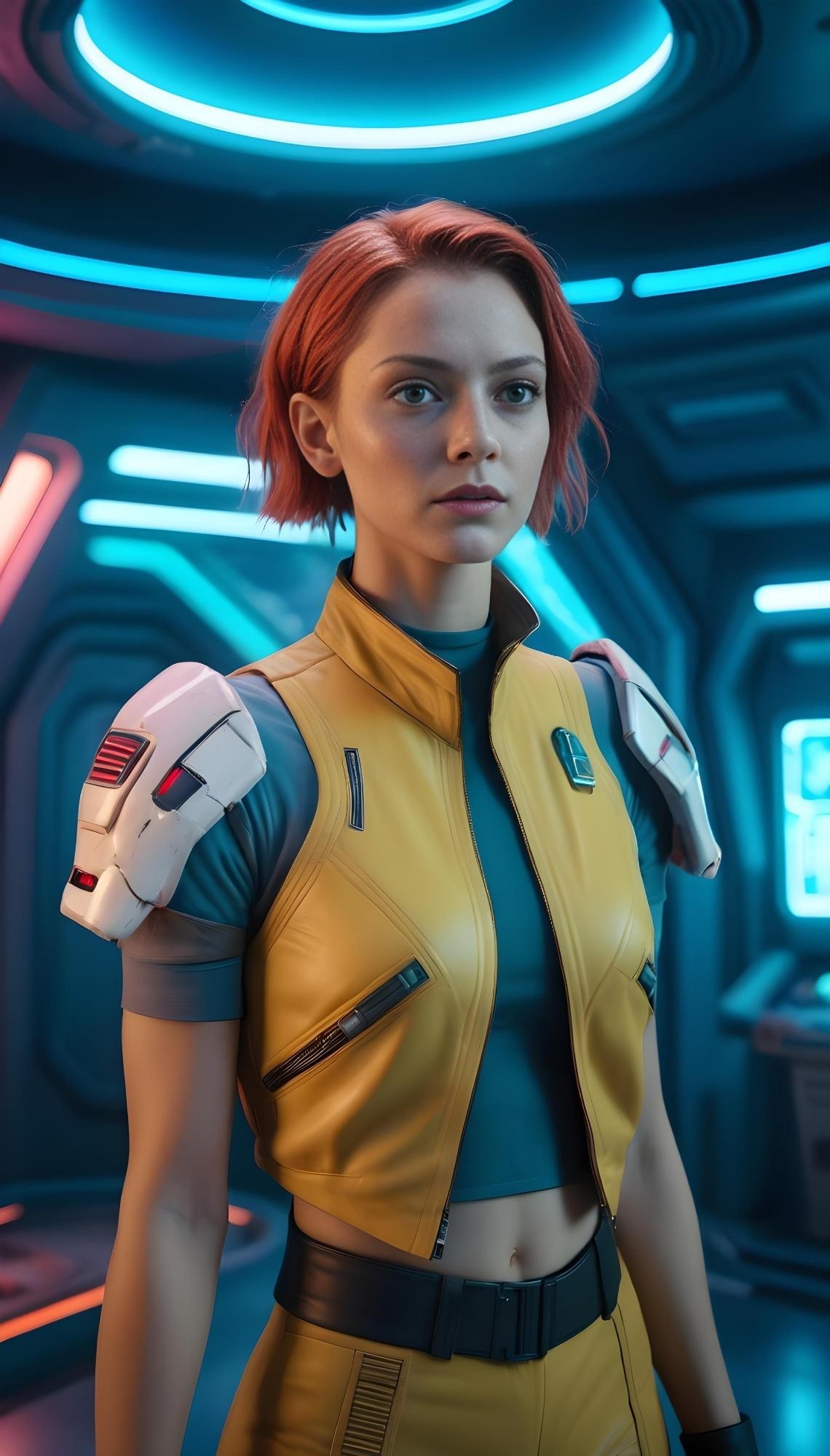 A young woman with short red hair, wearing a futuristic yellow and white uniform, stands confidently inside a neon-lit futuristic lab.