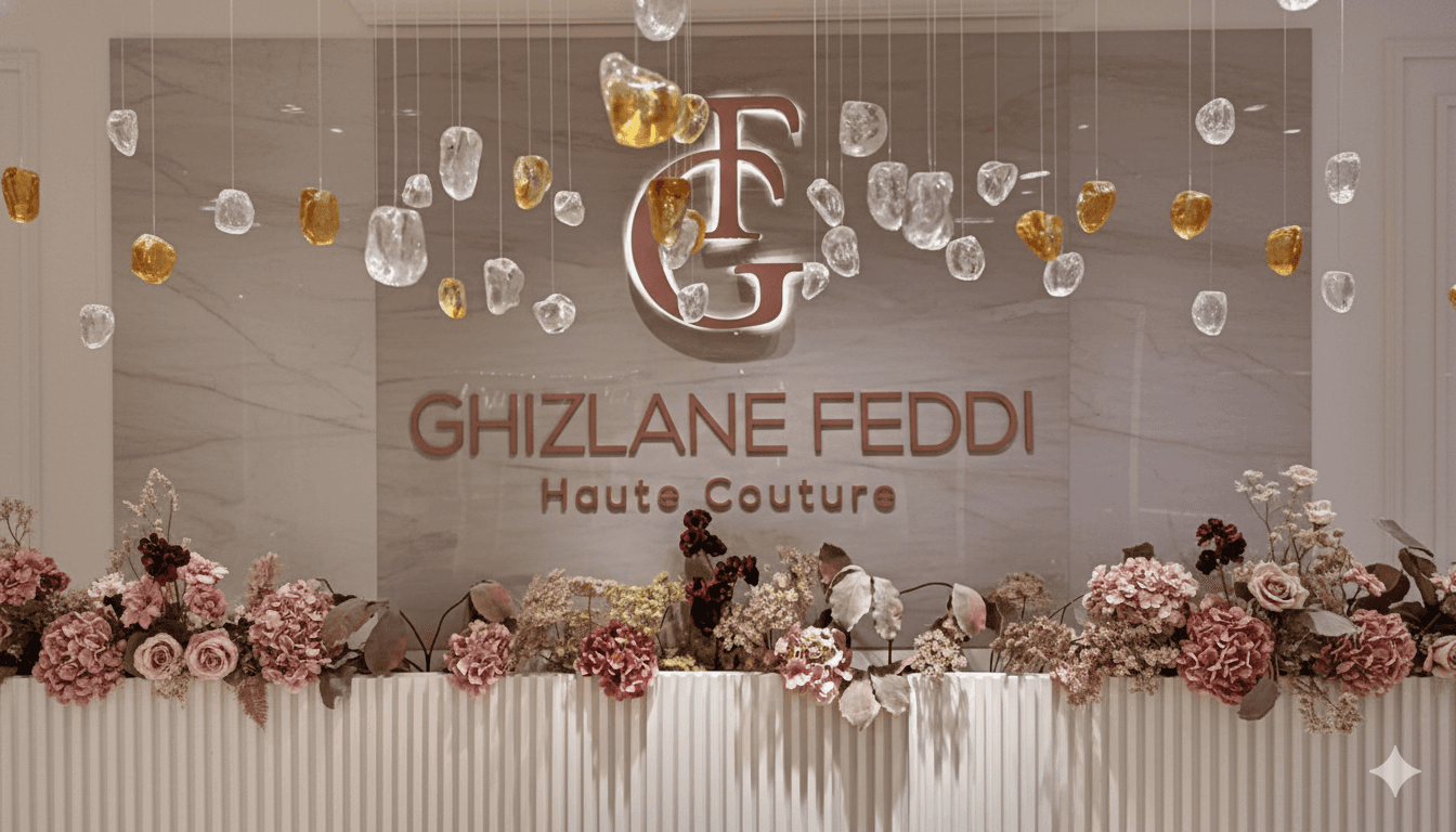 The luxurious lobby of Ghizlaine Feddi Haute Couture Atelier private Showroom of Handemade Moroccan Caftans