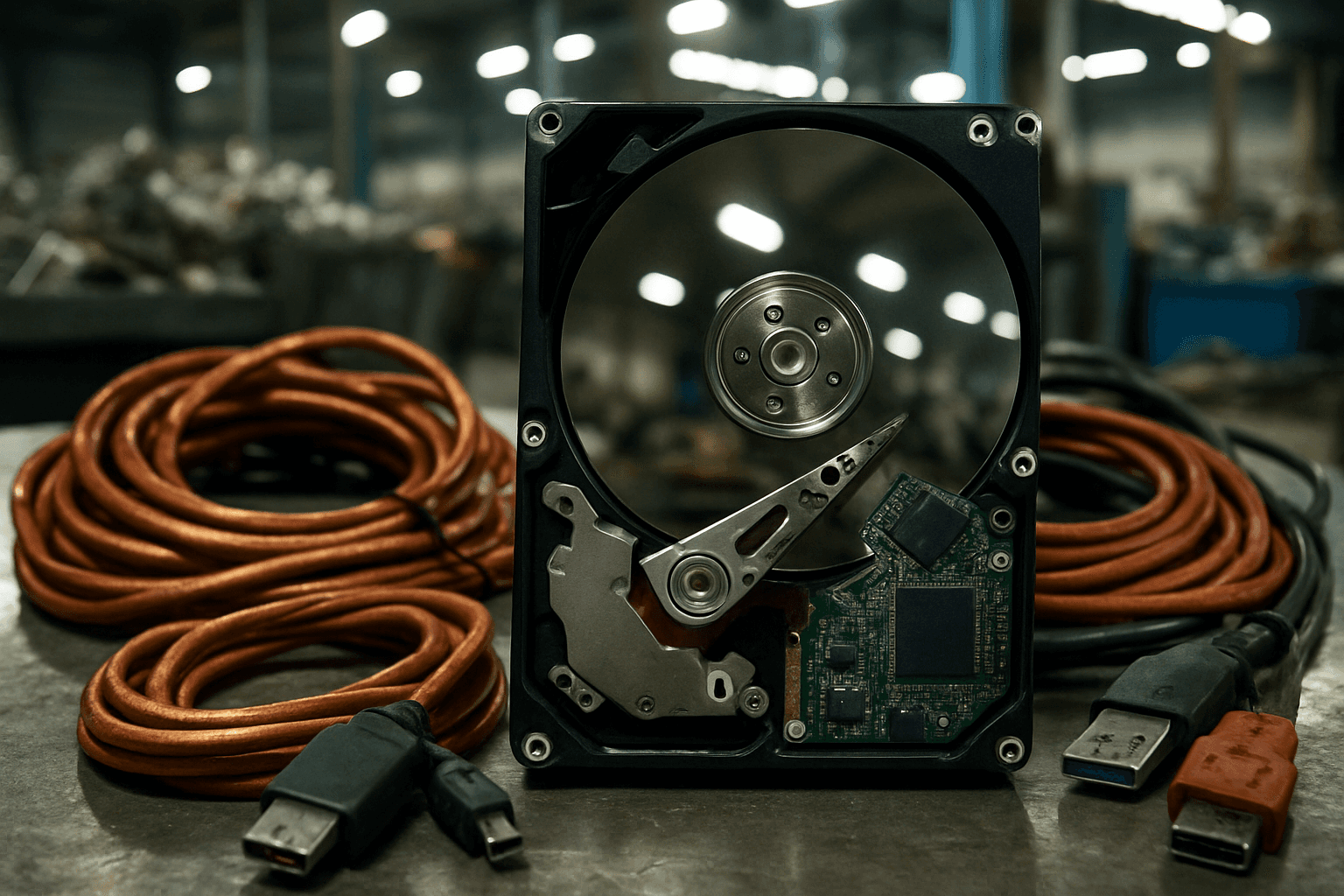 Disassembled hard drive and computer cables on workbench in recycling facility
