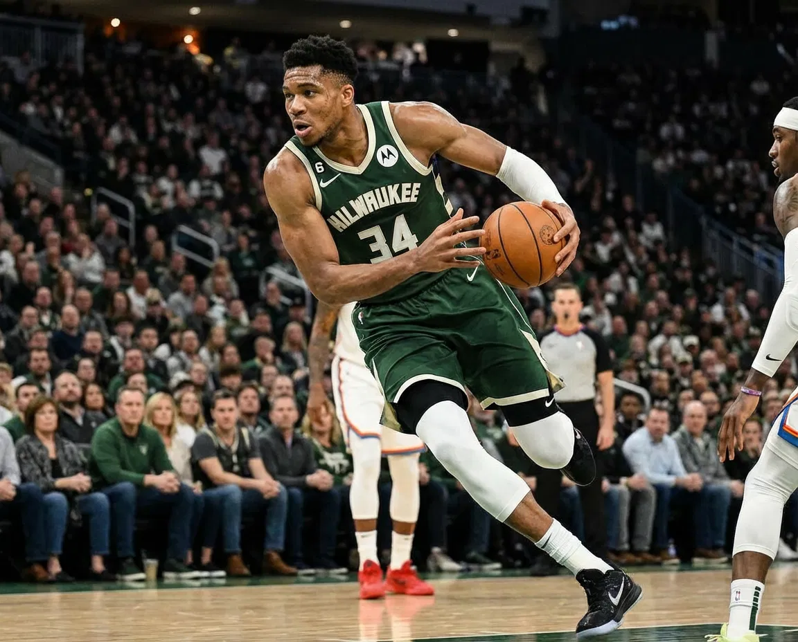 Giannis Antetokounmpo in action wearing Milwaukee Bucks colors during a game.