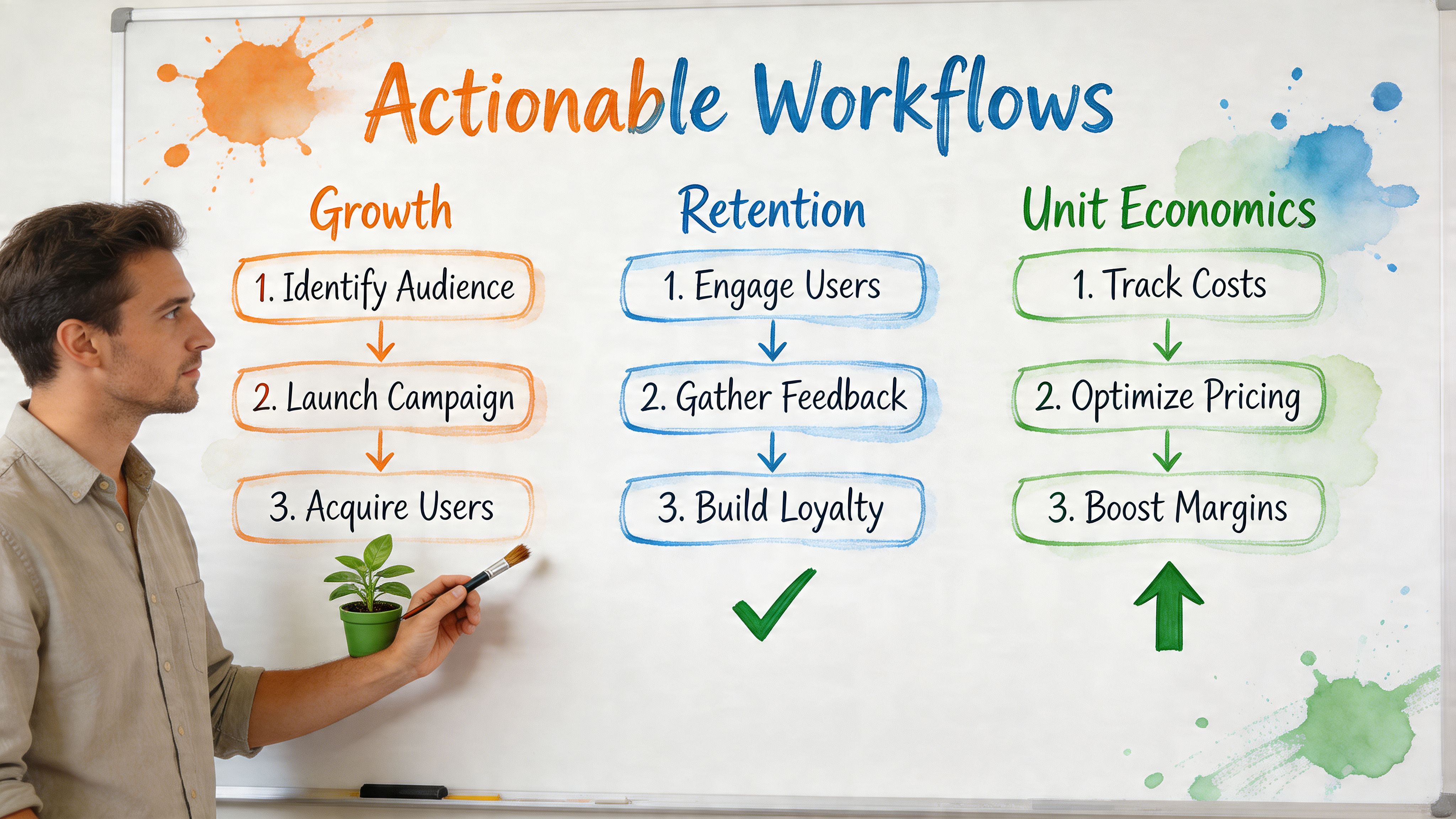 A man pointing at a whiteboard with diagrams illustrating growth, retention, and unit economics workflow strategies.