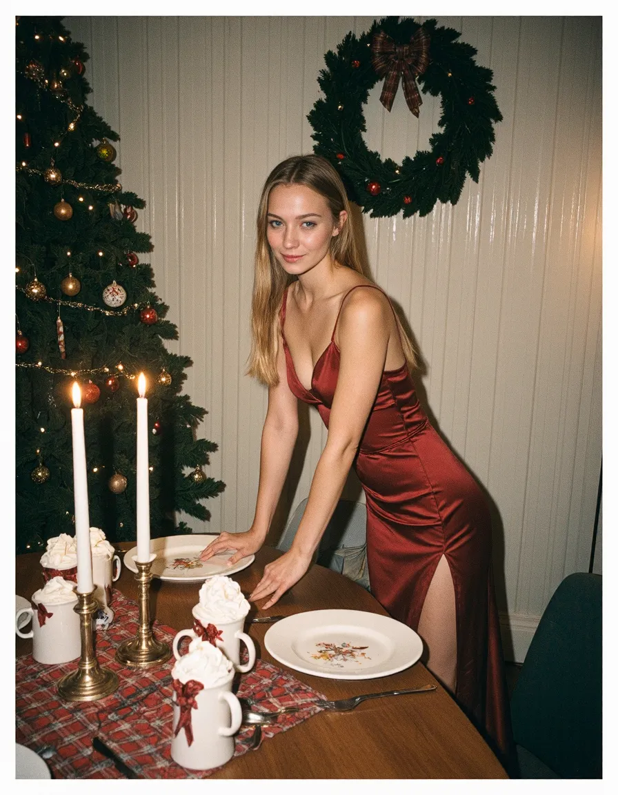 Woman in red silk dress setting elegant Christmas dinner table with decorated tree and wreath in background