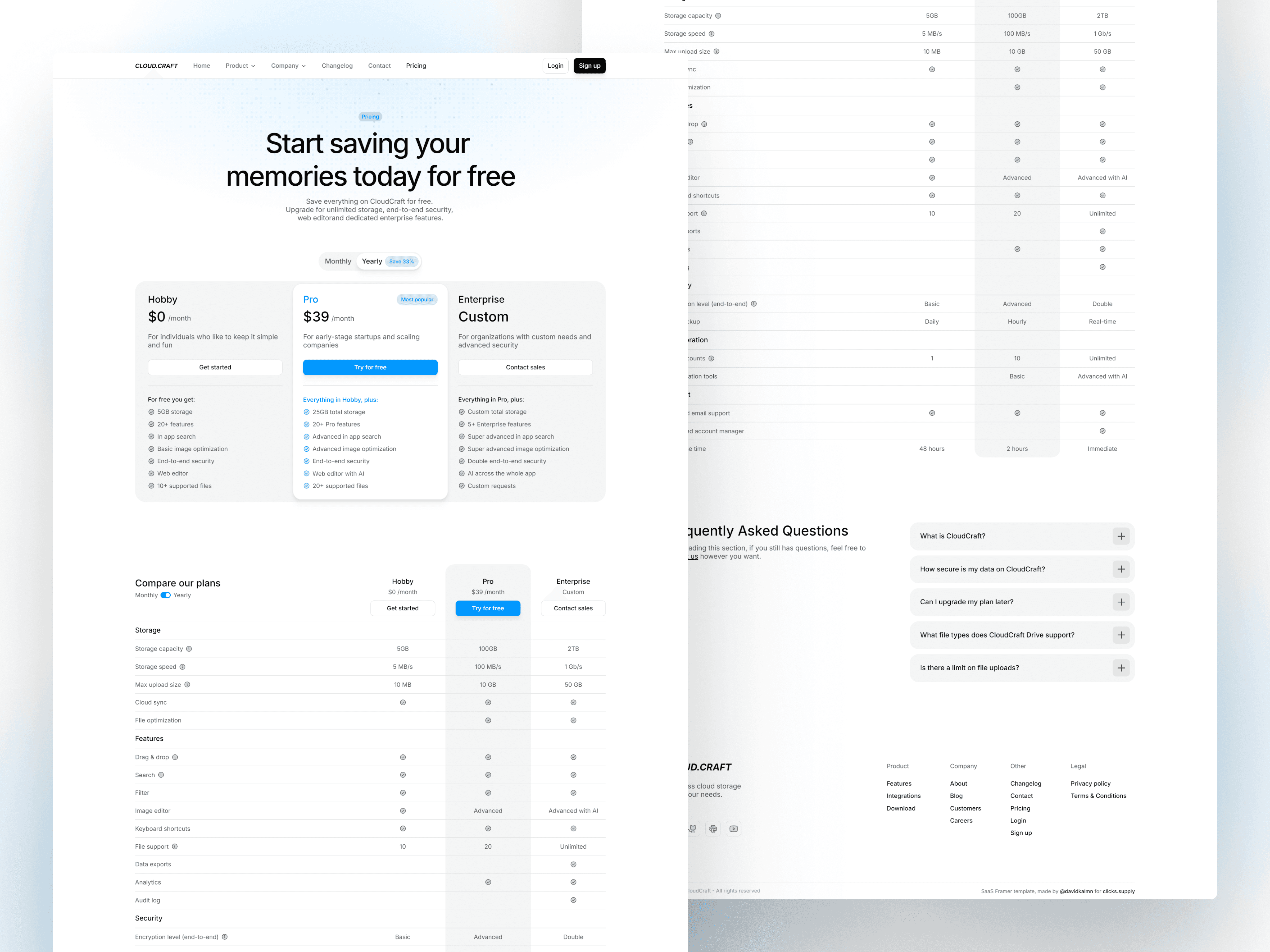 Cloudcraft - SaaS Framer template pricing page with pricing cards, comparison table, and FAQs section