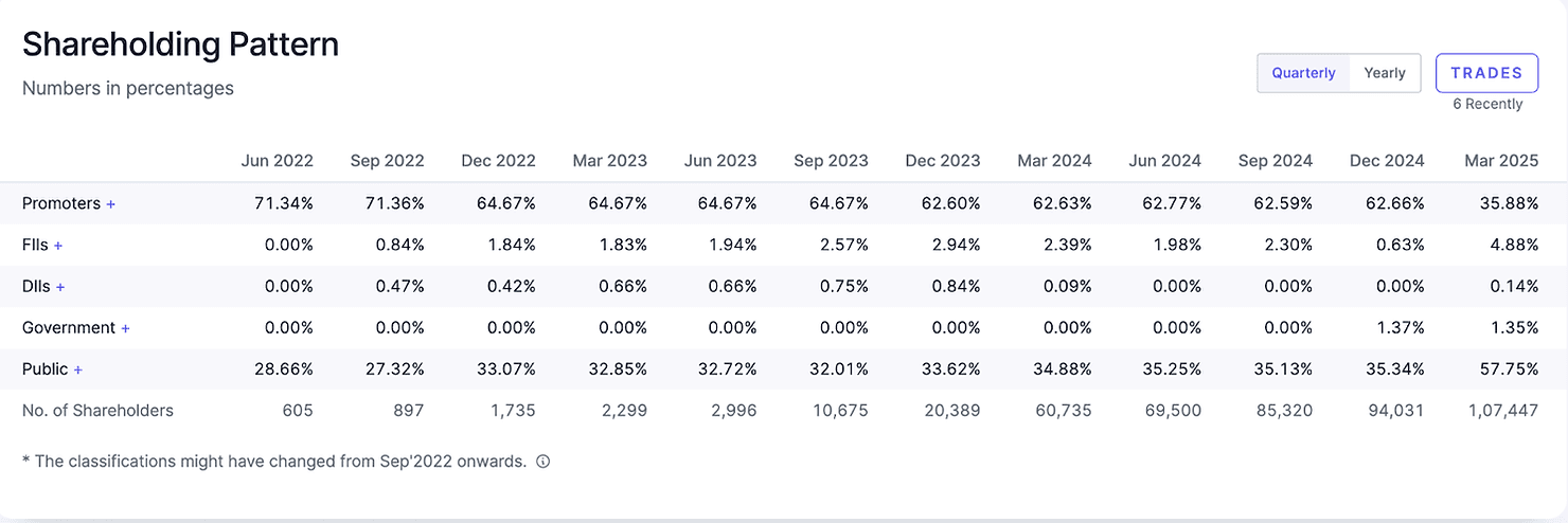 Shareholding pattern table from June 2022 to March 2025. Shows percentages for Promoters, FIIs, DIIs, Government, Public, and no. of shareholders.