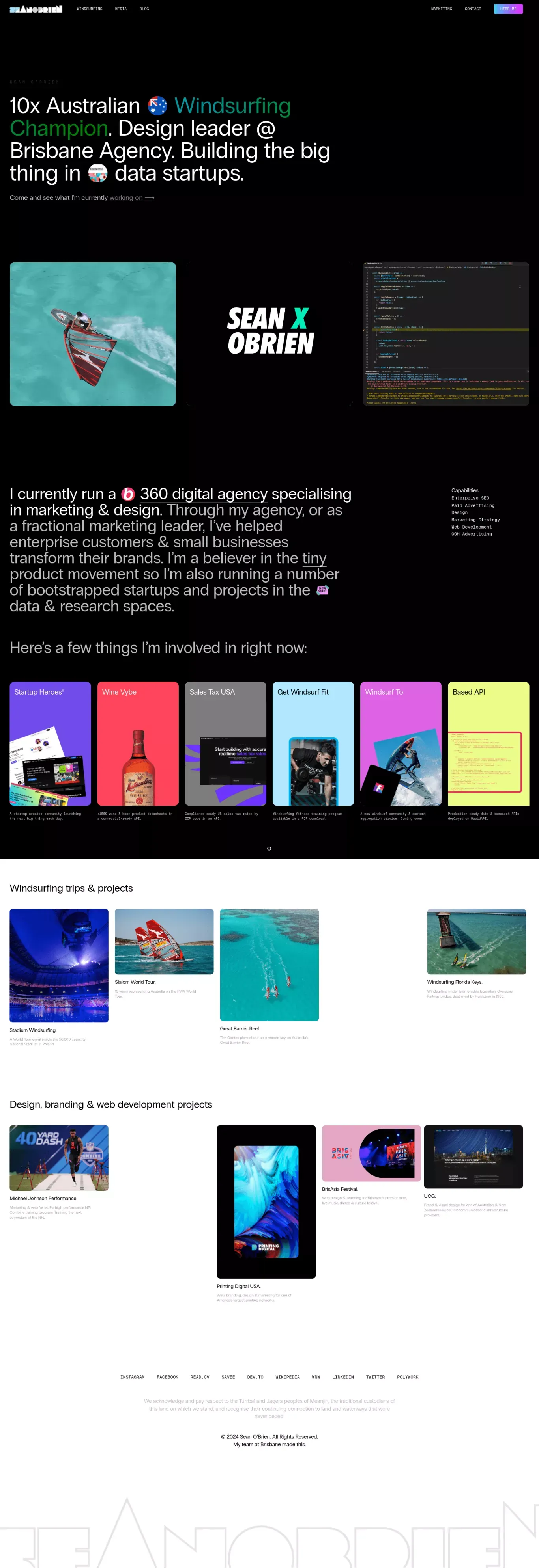 Sean O'Brien portfolio page screenshot showcasing Design and Marketing design