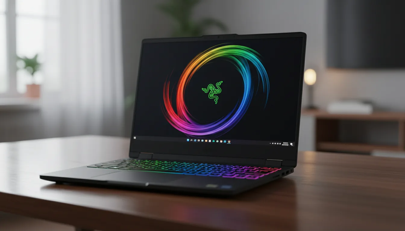 DSLR photograph of a modern black Razer gaming laptop, open and centered on a polished dark wood desk. The lighting is soft natural daylight, with the laptop's vibrant screen acting as the primary light source. The screen displays a swirling, abstract wallpaper of rainbow-colored light trails with a glowing green stylized logo in the middle, and minimal UI elements are visible. The keyboard is illuminated with a matching rainbow RGB backlight. The shot has a shallow depth of field, with the background interior softly blurred into a pleasant bokeh.