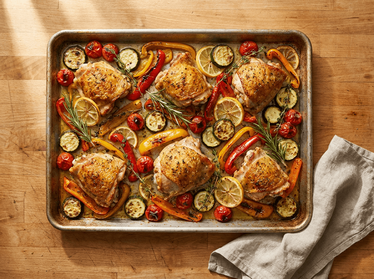 Sheet pan roasted lemon herb chicken thighs with vegetables, healthy dinner ideas