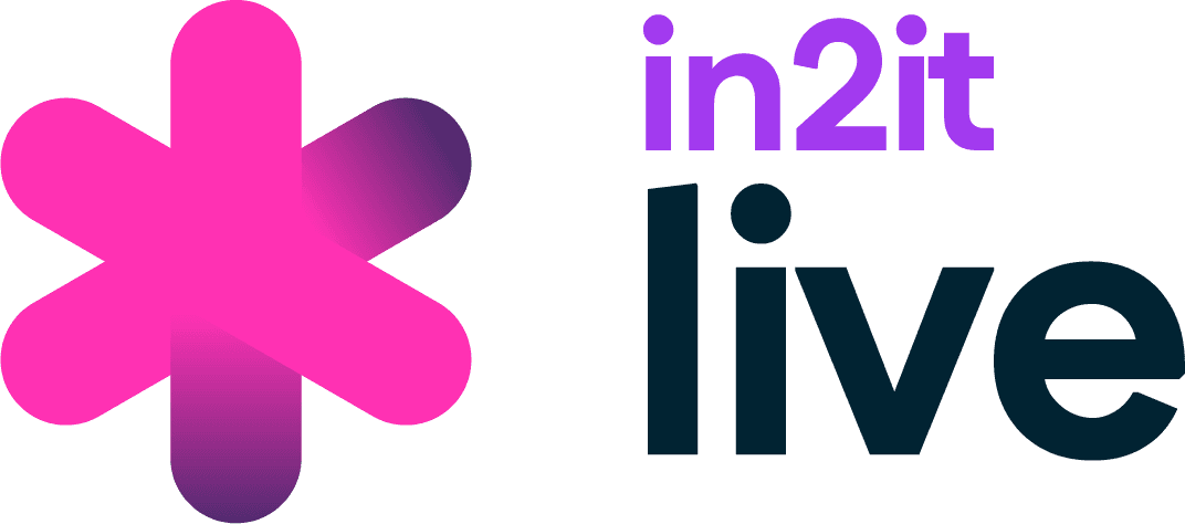 IN2IT Live official logo by Woody Technologies. Features a pink and dark purple gradient asterisk-shaped icon next to the brand name "in2it live." This software provides professional live stream ingestion and recording solutions for broadcasters and media production houses.