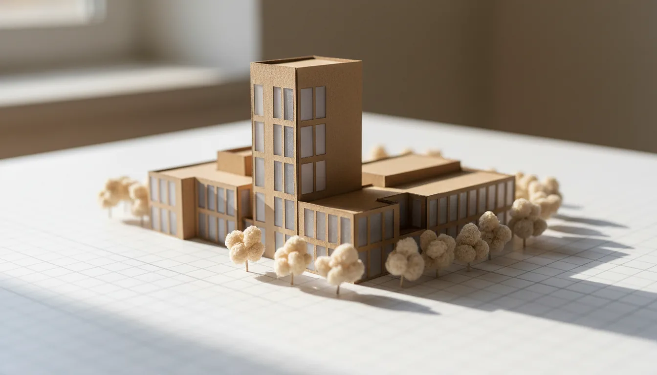DSLR photograph of a miniature architectural model of a modern building complex, meticulously crafted from light brown cardboard with translucent grey window panels. The model sits on a white gridded surface, surrounded by small, beige, sponge-like model trees. The scene is illuminated by soft, diffused natural daylight, creating gentle shadows. The camera uses an extremely shallow depth of field, keeping the foreground building and trees in tack-sharp focus while the background elements blur into a soft, creamy bokeh.