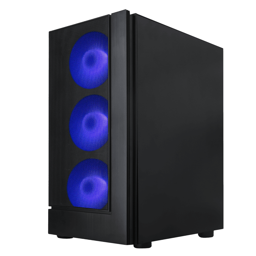 Gaming PC tower with three vibrant blue LED fans on the front panel, optimized for cooling and performance. A sleek design ideal for the best gaming PC builds of 2023, featuring advanced components for gaming and high-end computing. Perfect for gamers seeking budget-friendly or top-tier setups, suitable for PC builds, gaming configurations, and custom builds.