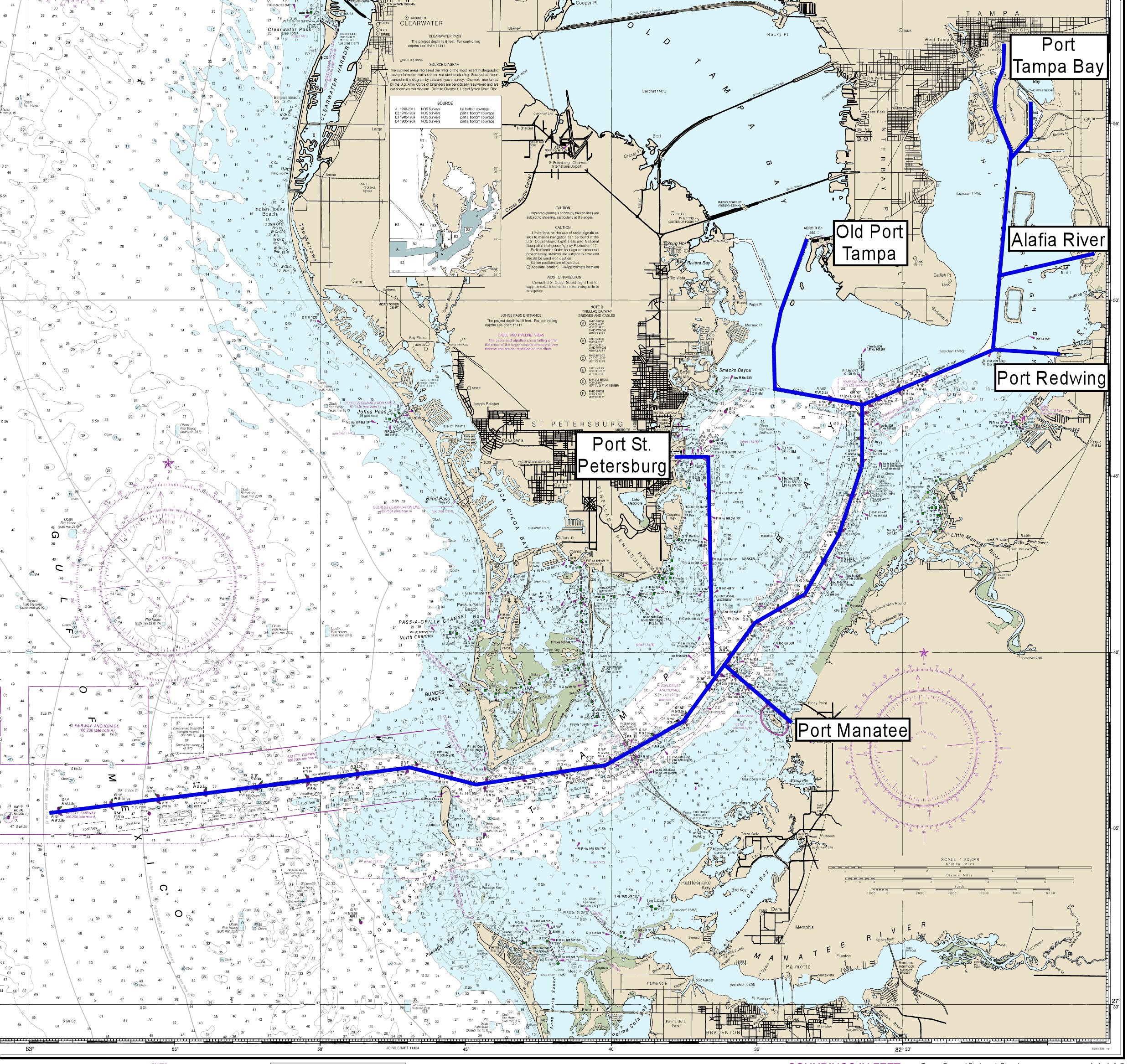 Nautical chart of Tampa Bay shipping channel and navigation routes