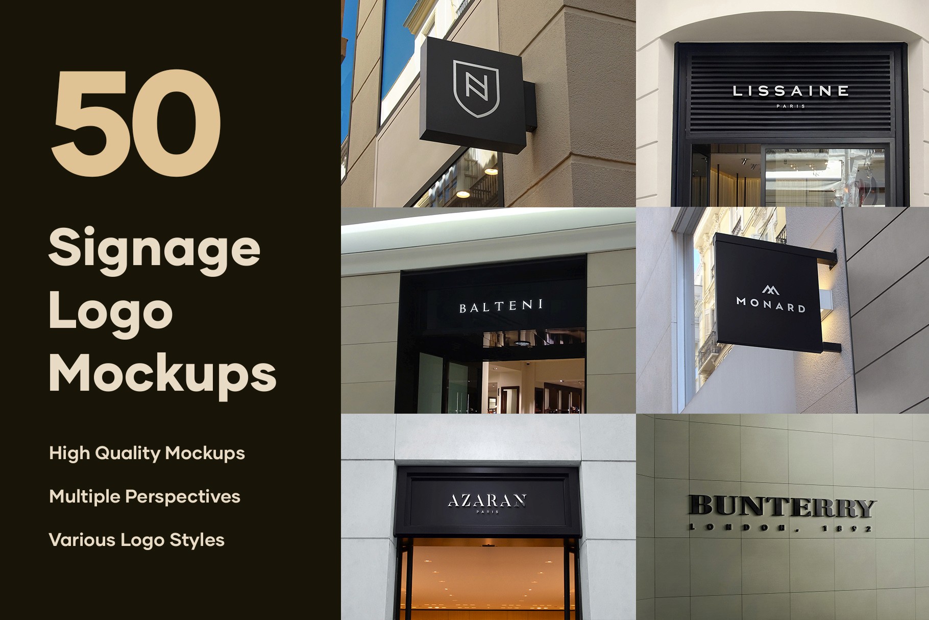 Cover of 50 high-quality signage and facade logo mockups with realistic effects.