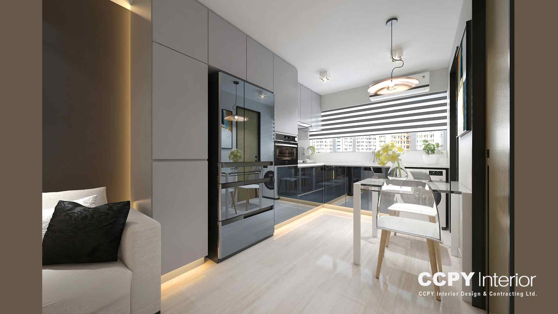 Symmetrical open-plan view of a Mount Pavilia residence showcasing a marble breakfast bar and sophisticated deep blue cabinetry designed by CCPY Interior.