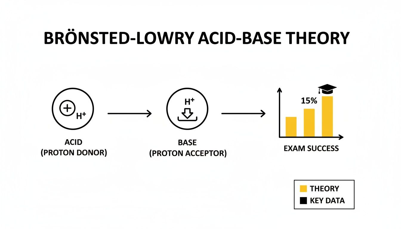 Diagram explaining Brønsted-Lowry acid-base theory: an acid donates a proton (H+) to a base, which accepts it. A bar chart illustrates exam success rates.