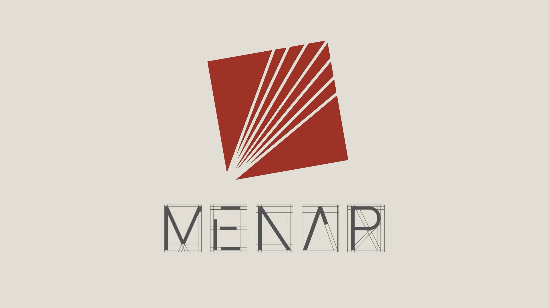 Corporate identity showcase icon featuring the finalized red Menar emblem and technical wireframe logo typography on a neutral cream card layout.