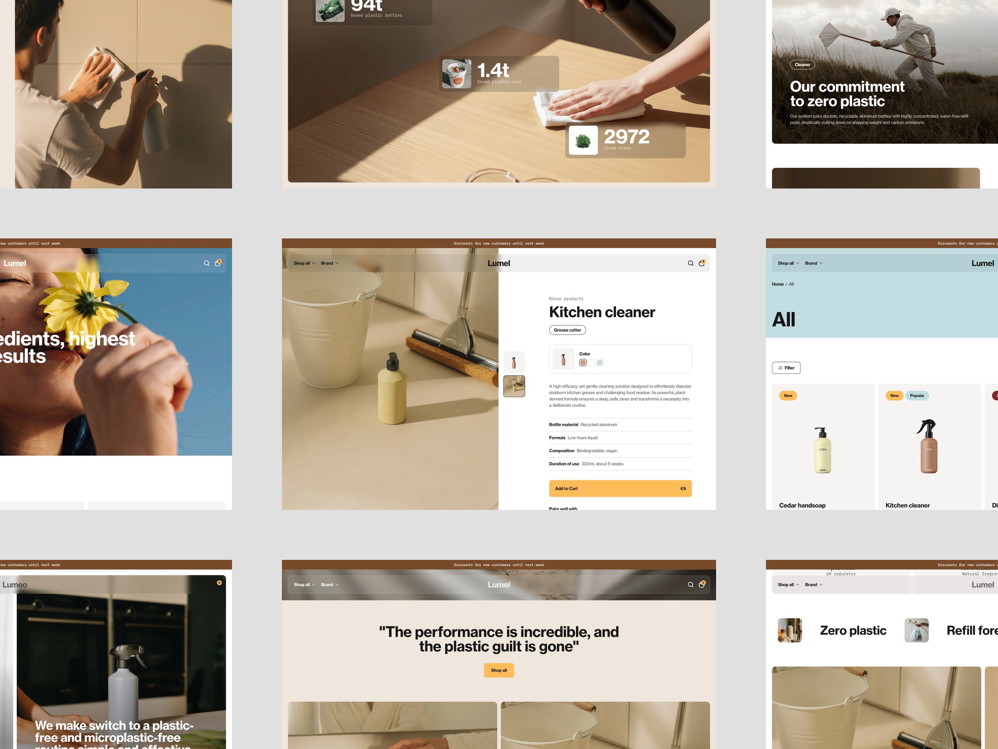 Multi-page collage of the Lumel website template showing impact statistics, a sunflower ingredients page, kitchen cleaner product detail page, customer testimonial, and a zero plastic product category page