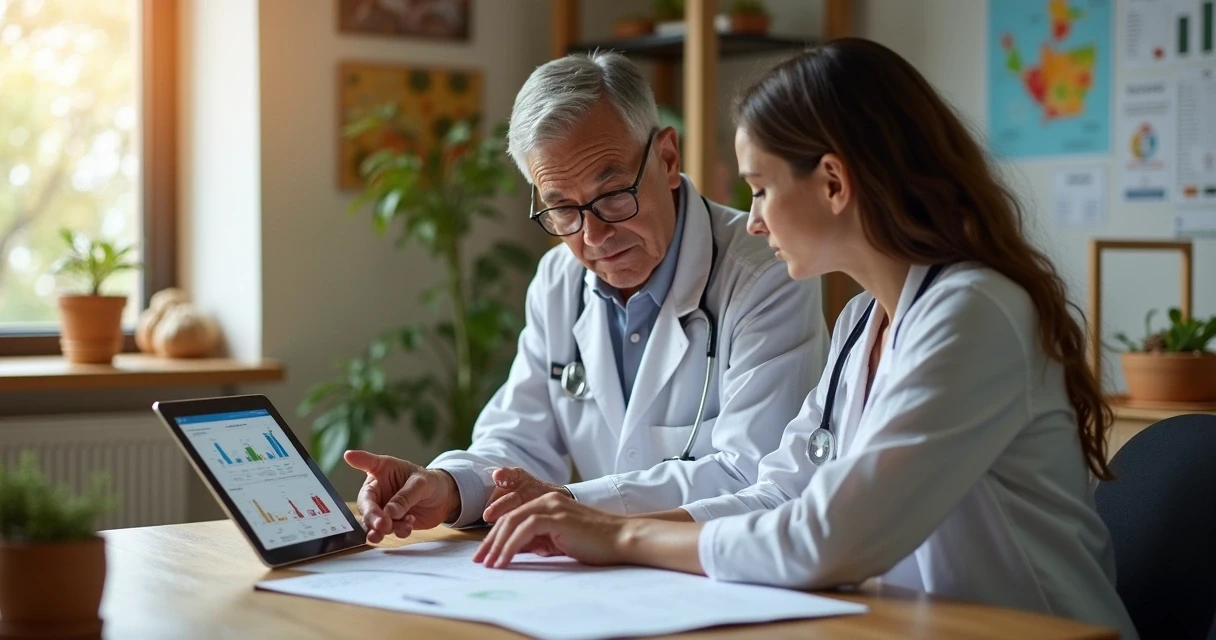 Mentora e mentorada analisando juntos um prontuário de paciente 