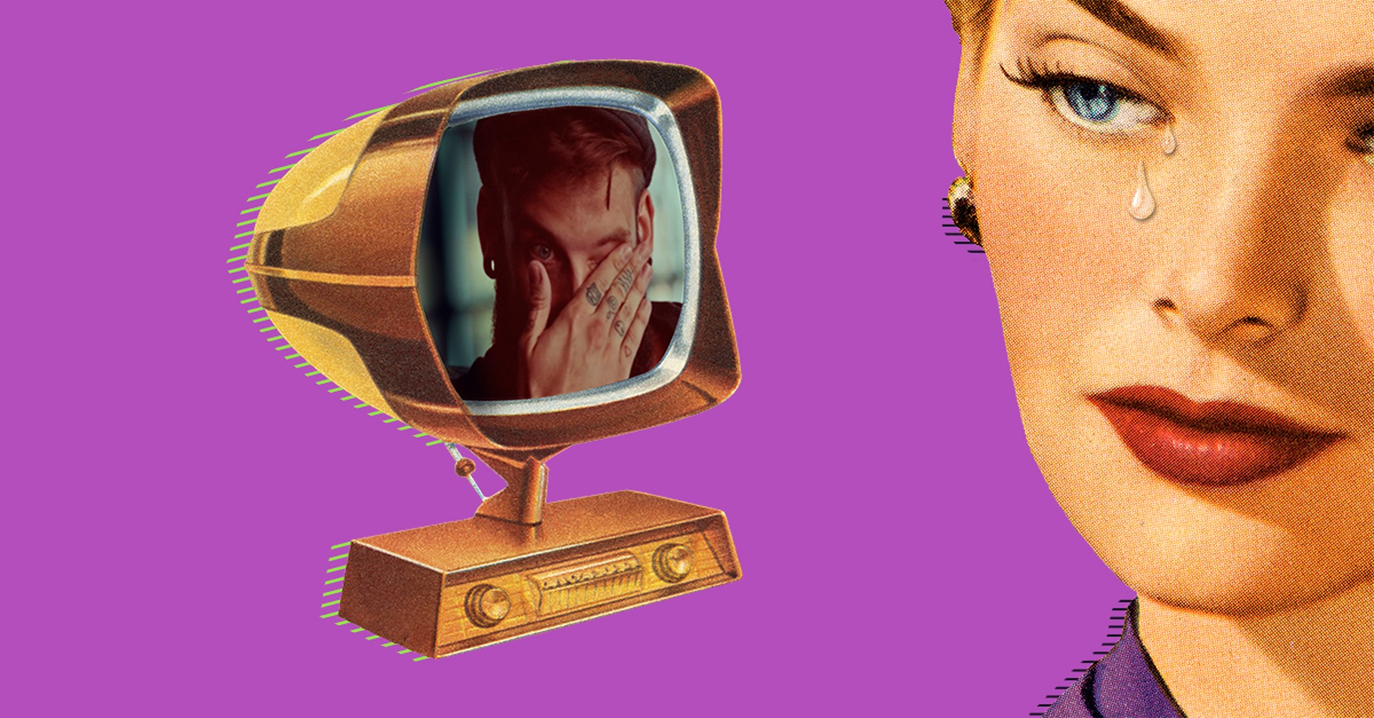 Mujer vintage llorando con televisión retro mostrando a un hombre cubriéndose el rostro.