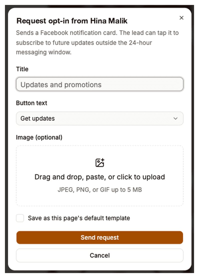 Request opt-in dialog with Title and Button text fields and an optional image upload, above a Send request button.