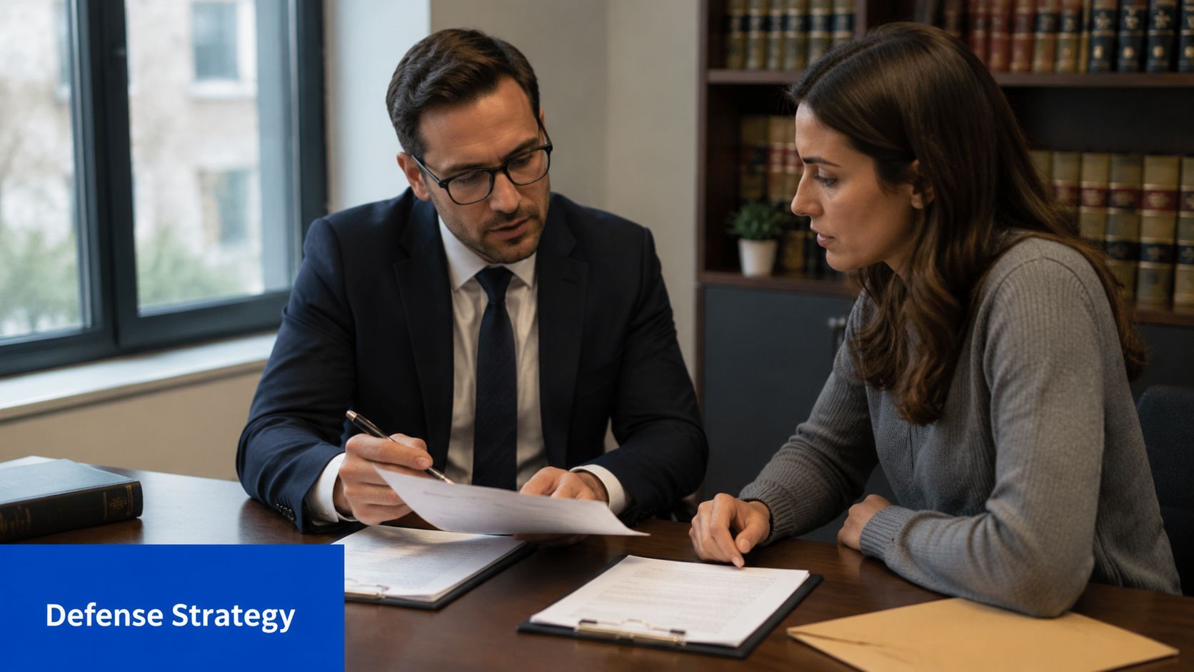 A male lawyer in a suit discusses legal documents with a female client in an office.