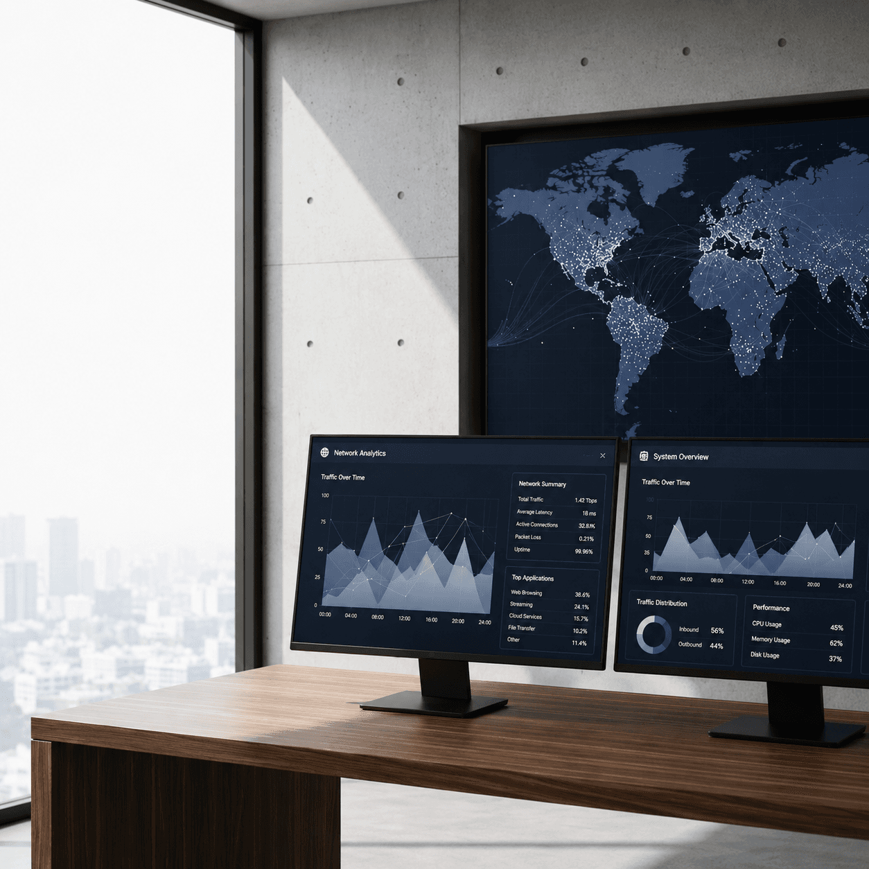 Editorial photograph of a modern, minimalist Security Operations Center (SOC). The room is clean and well-lit with natural light from a large window. In the foreground, a sleek, dark wood desk holds two monitors displaying clean, abstract data visualizations of network traffic, using brand colors #1F3B5B and #E76F51. The background is slightly out of focus, showing a large screen on a concrete wall with a subtle world map and data points. The overall aesthetic is calm, controlled, and professional. The upper-left third of the image is clear, providing ample room for text overlays. Aspect ratio 16:9, photorealistic. Negative prompt: no text, no logos, no neon cyberpunk scenes, no digital brains, no floating hands, no abstract cubes or generic sculptures.