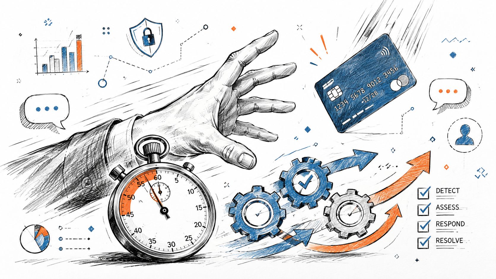 A conceptual illustration showing chargeback management with a hand reaching for a credit card, stopwatch, and checklist.