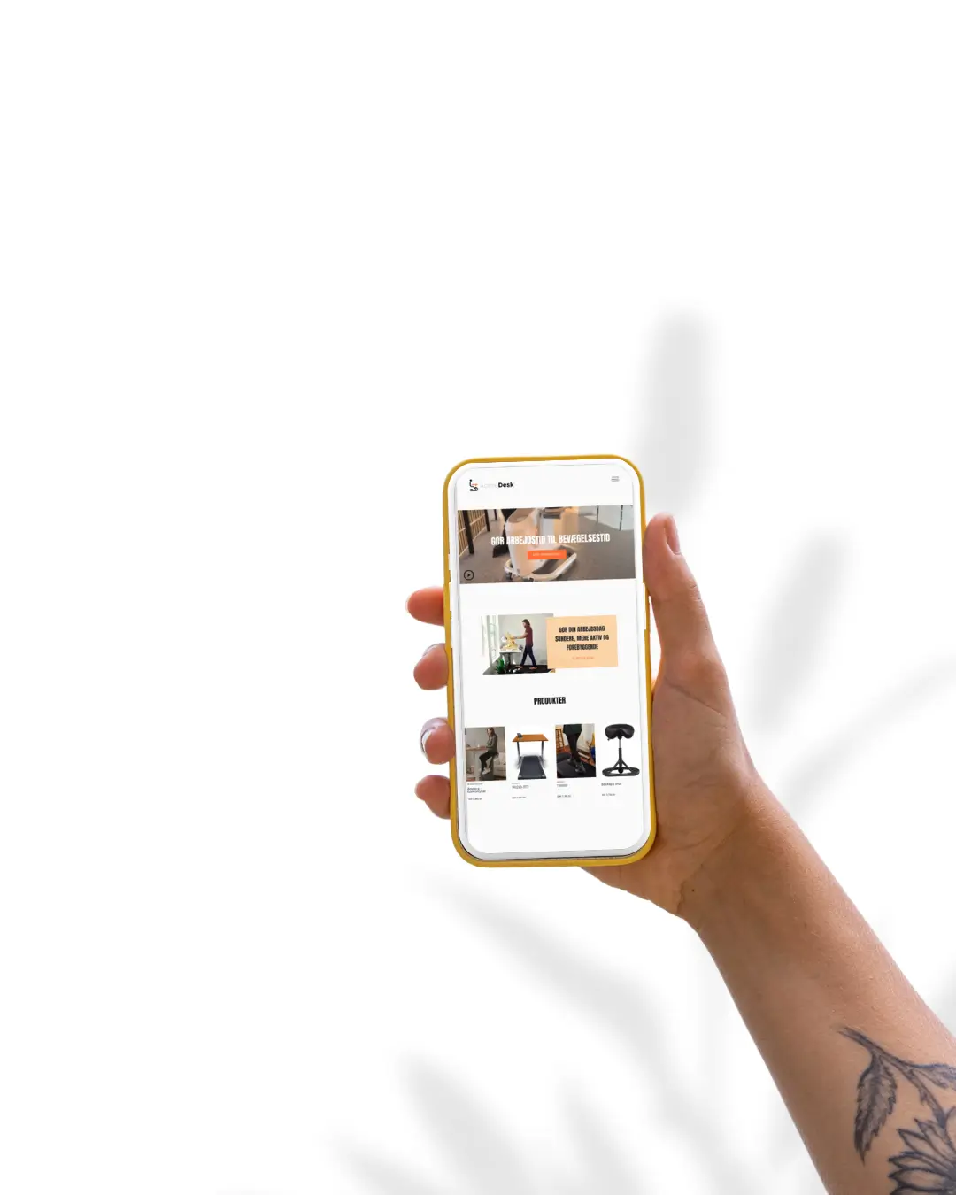Håndholdt telefon der viser ergonomisk møbel