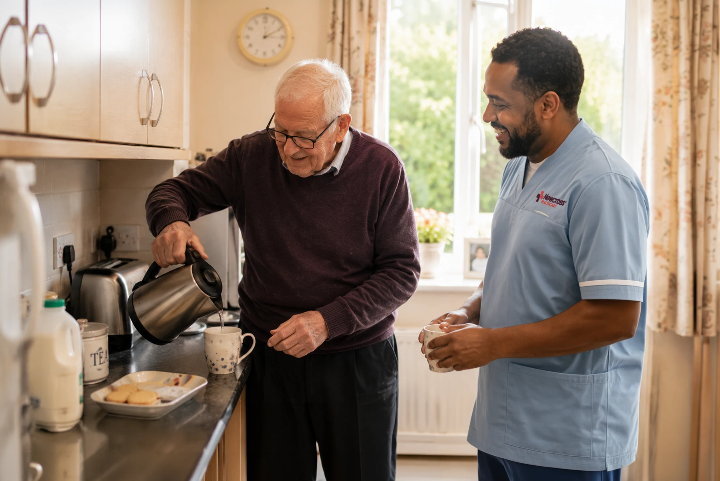 Support worker in uniform chatting with an elderly resident of extra care housing while he pours tea in his kitchen.