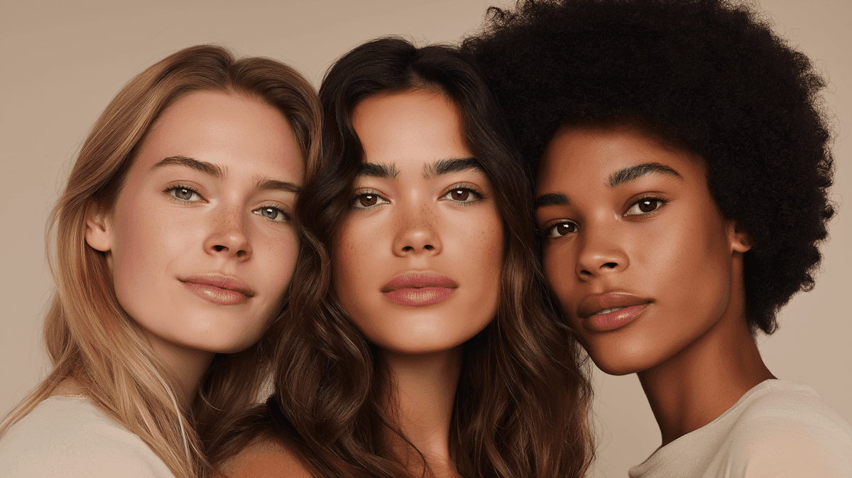 Three diverse women with different skin tones and hair textures posing close together against a neutral background.