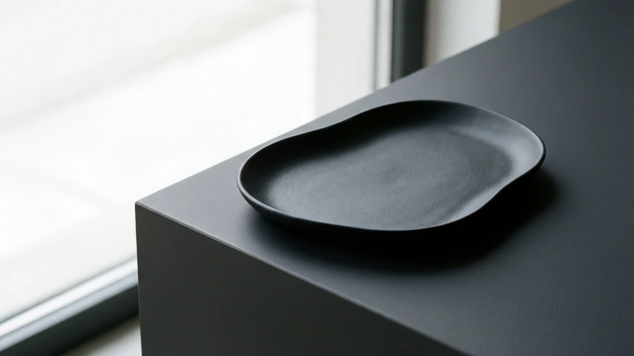 A matte black, organically shaped decorative tray resting on a dark grey geometric block.