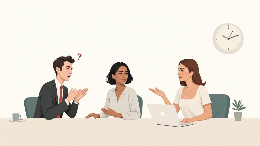 Three diverse colleagues discussing at a table, one man looks confused with a question mark.