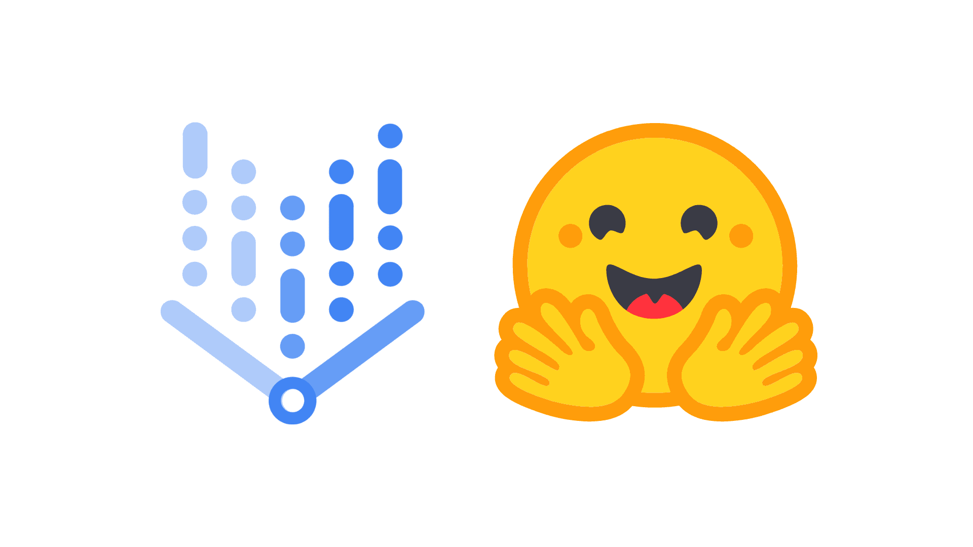 Image with 1 emoji-style icon (huggingface Logo) and side by side: on the left, a blue downward-pointing triangle made of vertical lines representing a shower, and on the right, a yellow smiling face with hands showing gratitude or excitement.