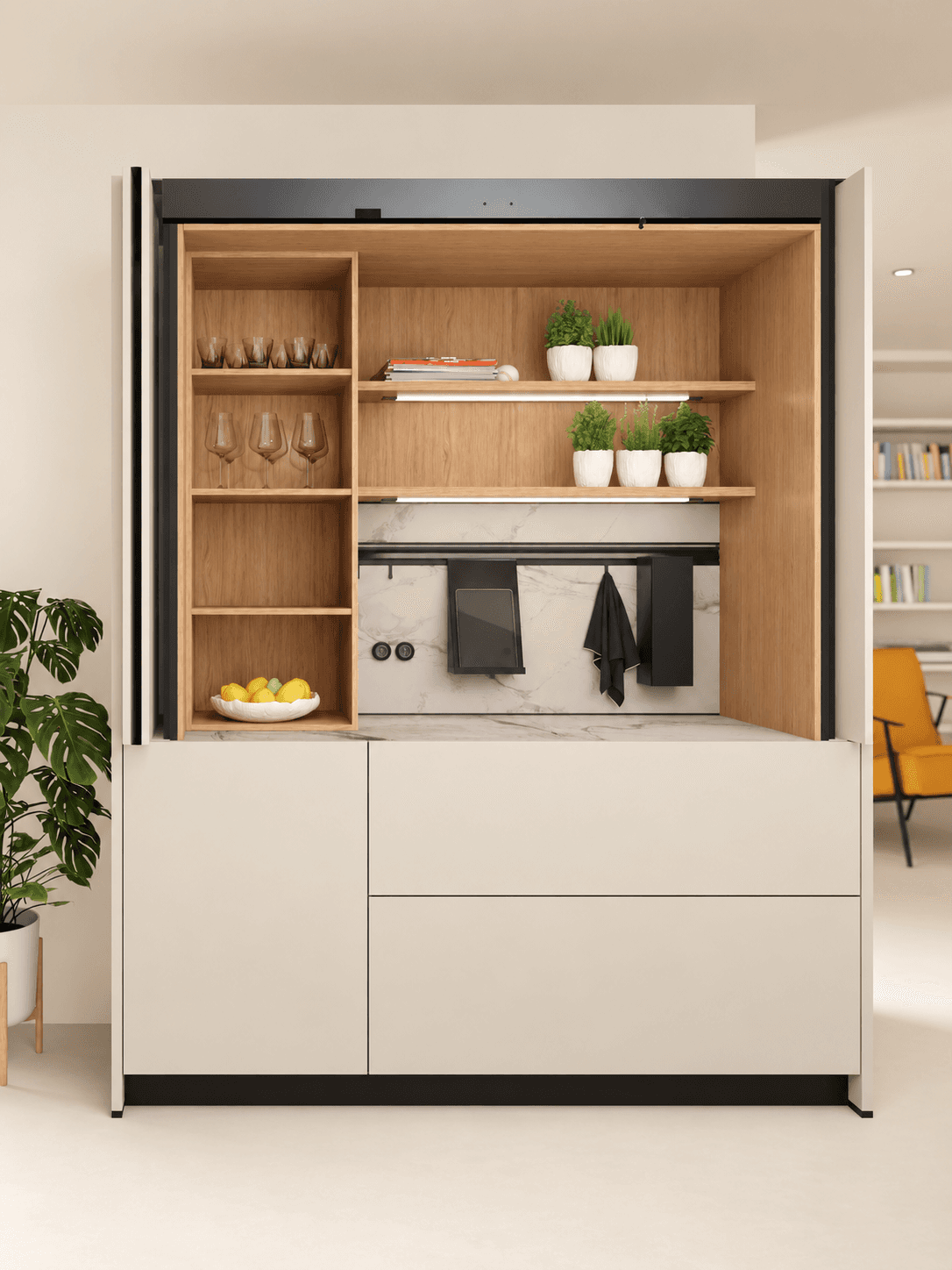 Meuble de cuisine next125 à portes escamotables ouvertes, avec intérieur en bois, étagères éclairées et plan de travail en pierre veinée.