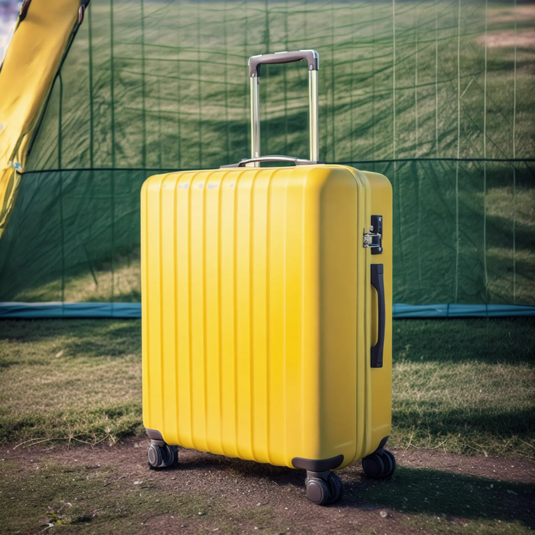 Yellow suitcase on a construction site. Image generated by AI.