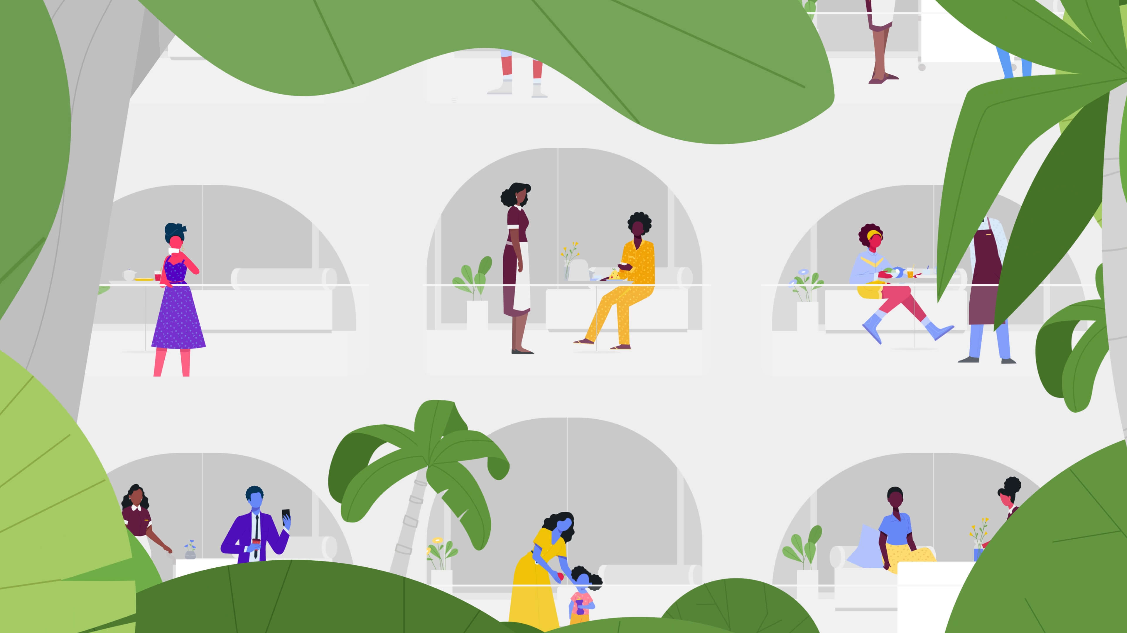 illustration of a multiple hospitality sitautions in a hotel with guests and staff