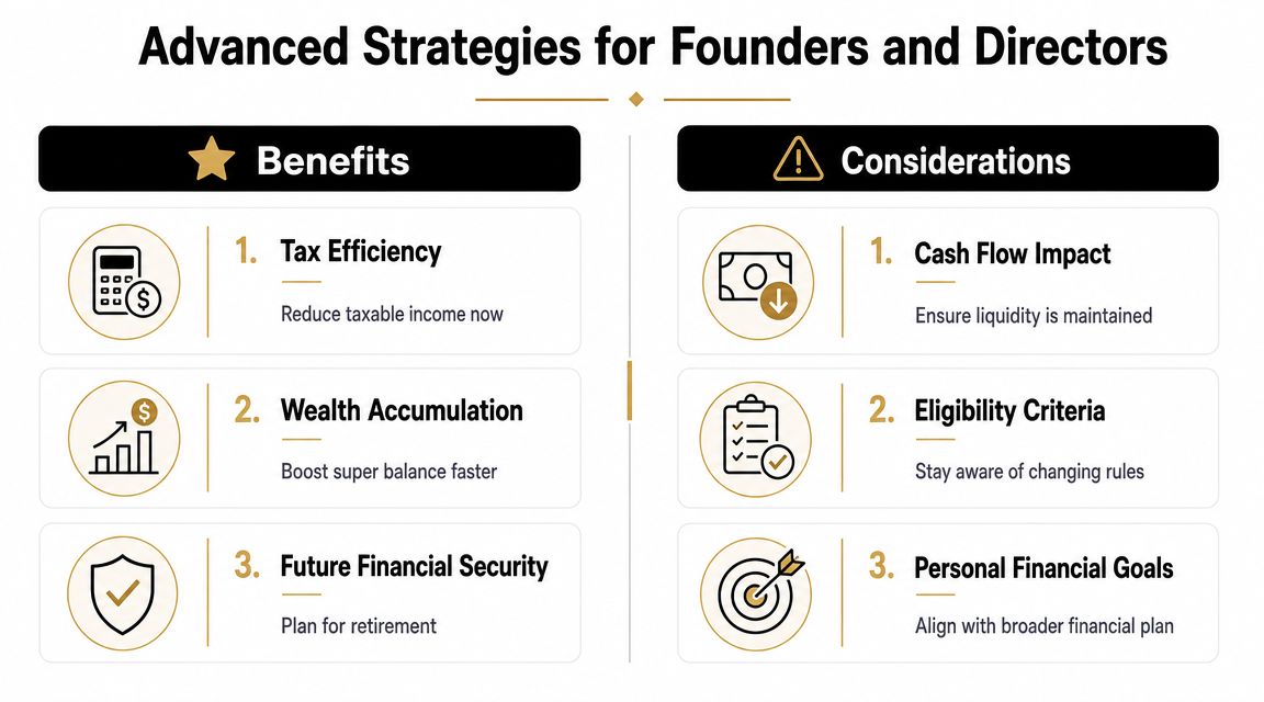 A strategic infographic outlining key financial benefits and considerations for company founders and directors.