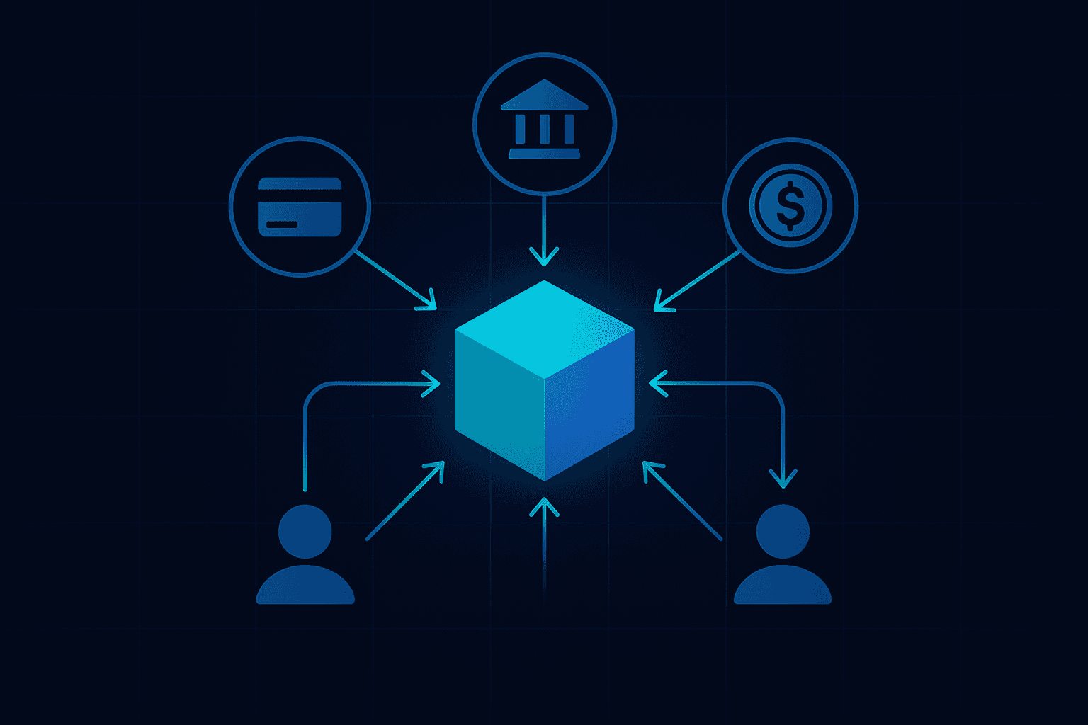 Foundation model at center directing autonomous agents across card, ACH, and stablecoin payment rails