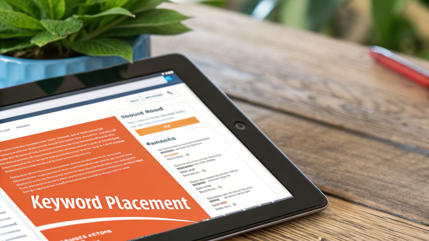 A tablet on a wooden desk displays an article titled 'Keyword Placement', alongside a green plant and a red pen.