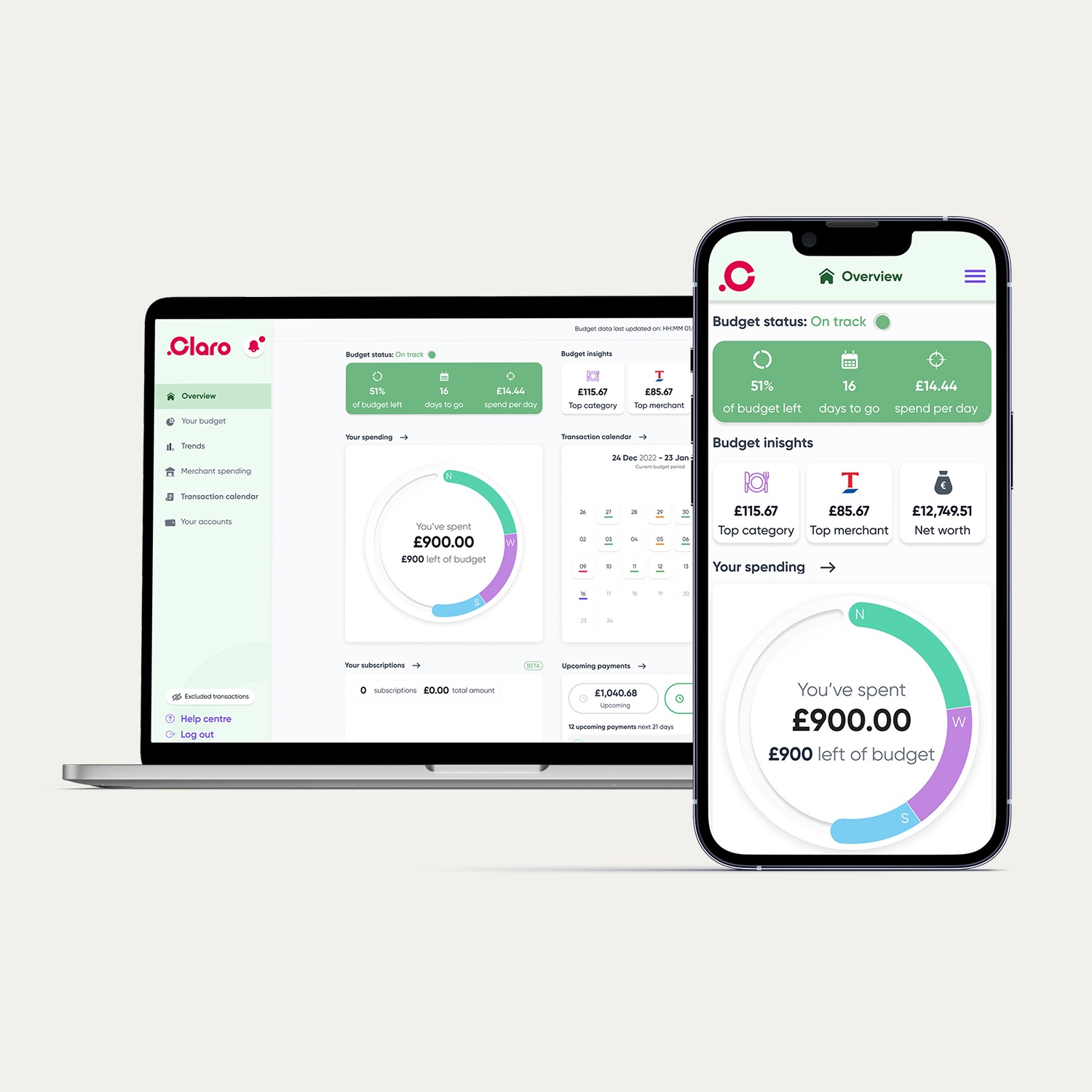 Claro budget app displays spending insights on a laptop and smartphone screen, showing budget progress and trends.