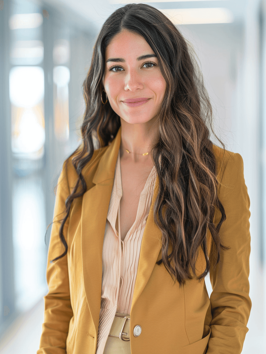 Woman with long dark hair in a mustard blazer smiling in a modern office