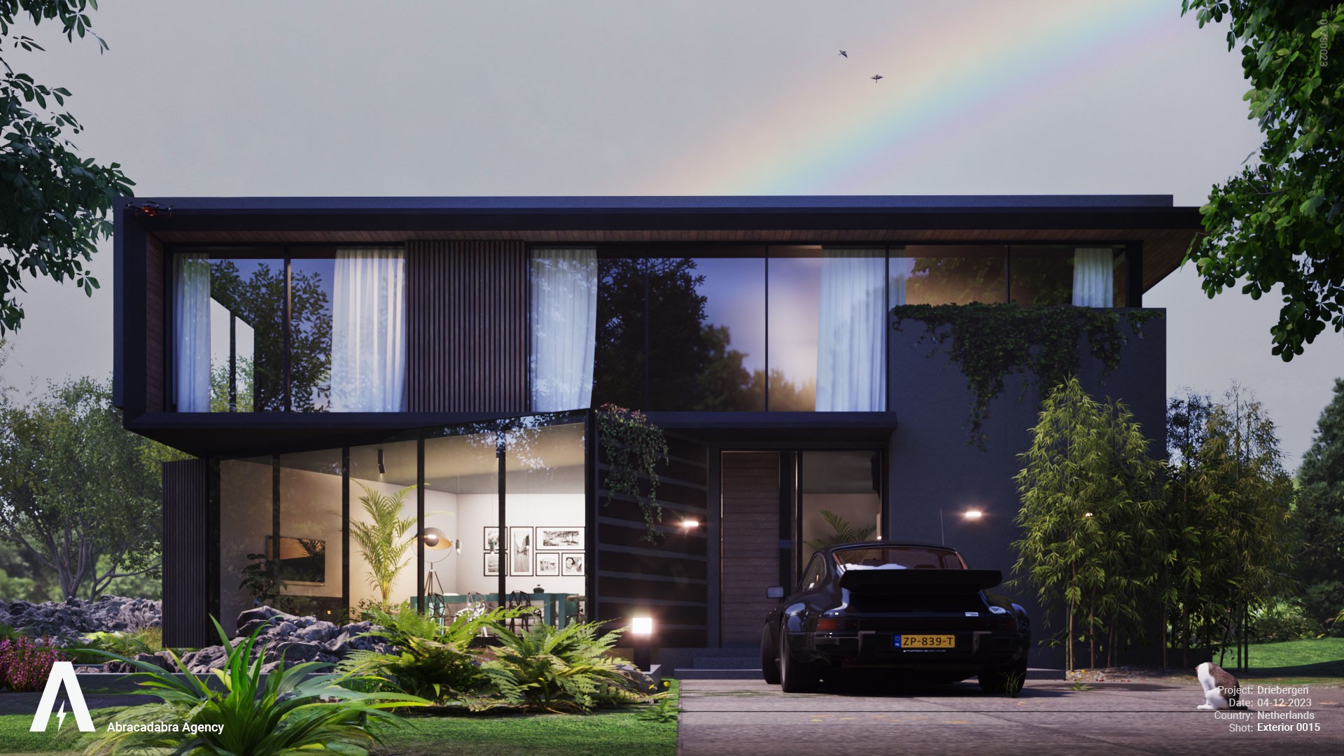 3D render of house in Driebergen with rainbow in the sky