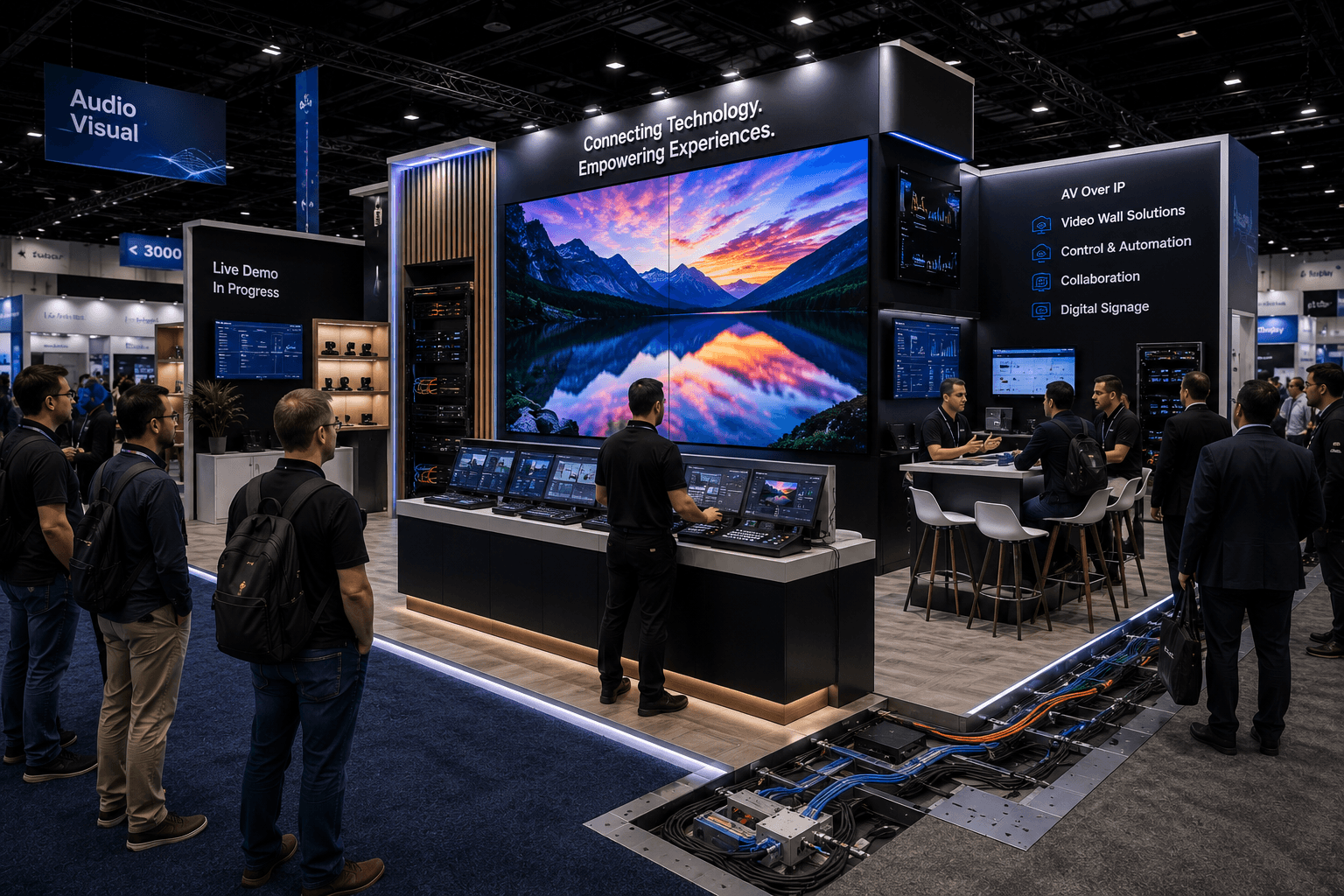 InfoComm AV display booth with LED wall, control stations, live demo counters, cable and power routing, and visitor viewing flow in Las Vegas
