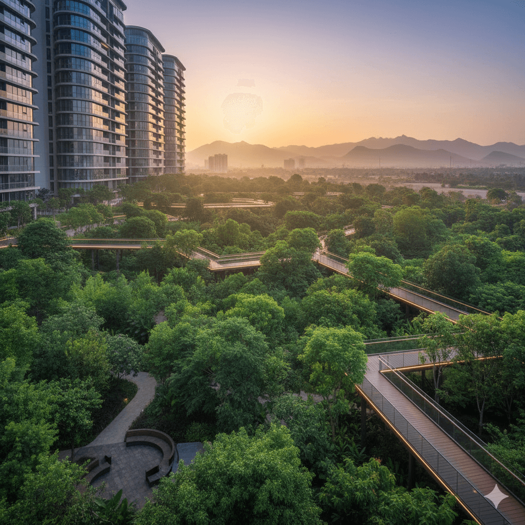 Aerial view of elevated walkways through a lush urban forest and garden