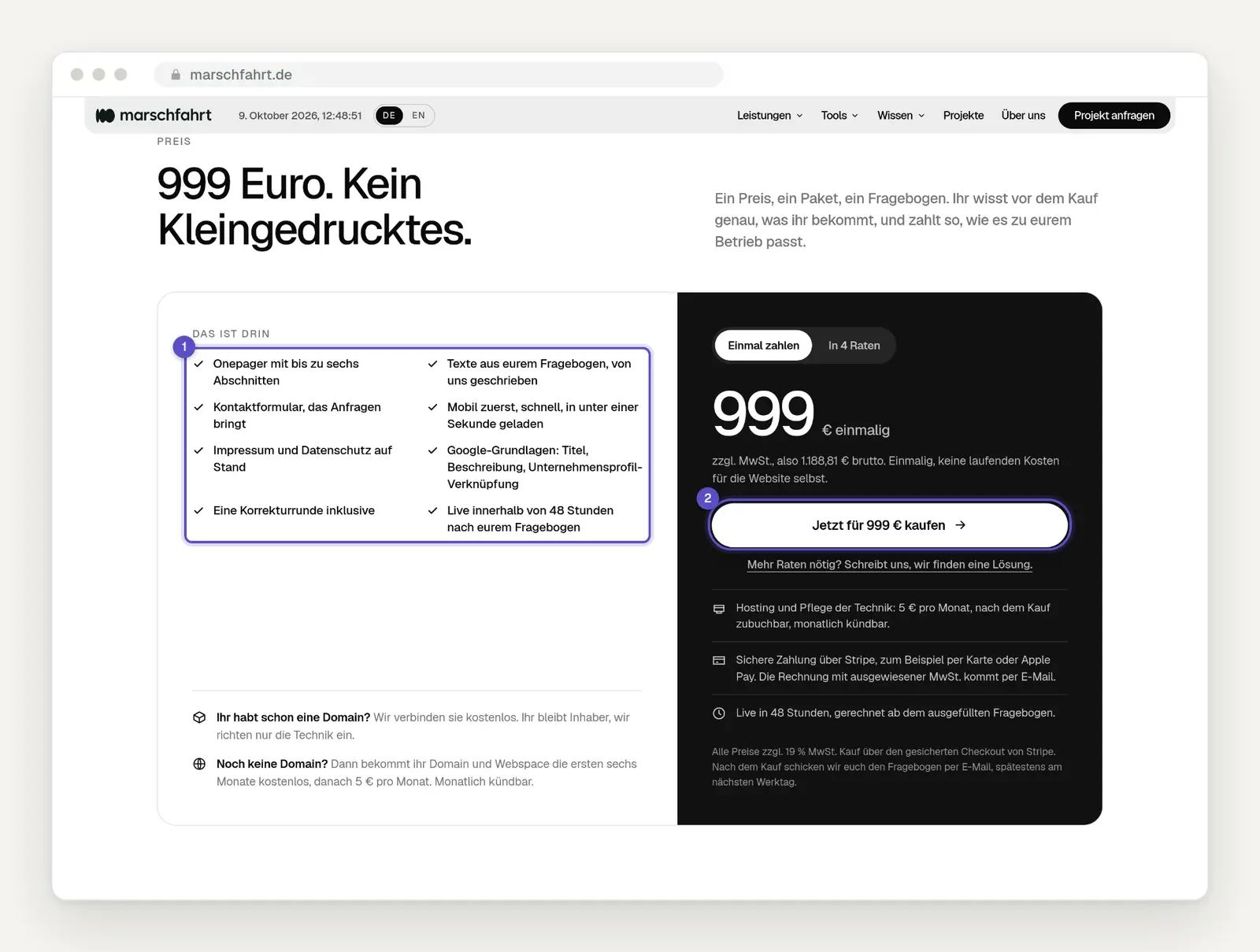 Preisbereich einer Landingpage mit Leistungsumfang, Preis und Kaufknopf