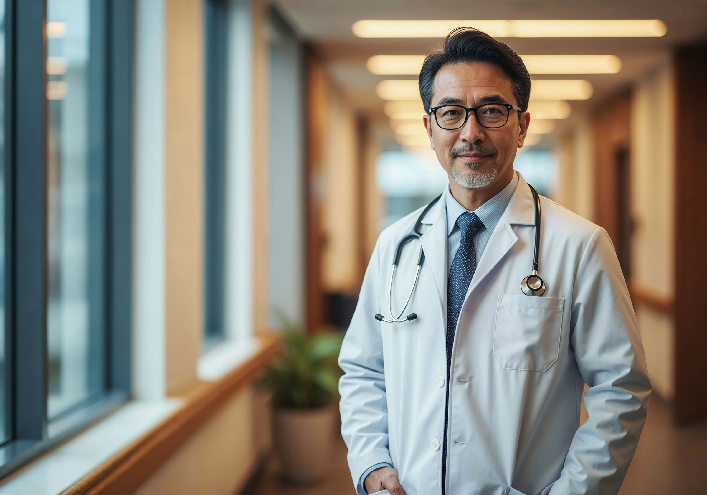 Male asian middle aged Doctor  standing in hospital