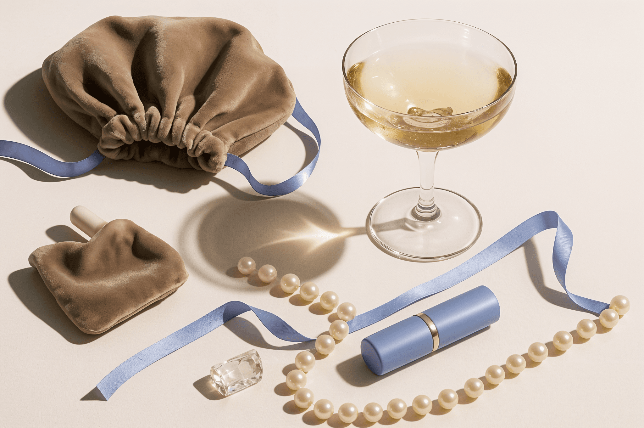 Velvet pouch, pearls, and a coupe glass of mysa: dressed for the party, minus the alcohol